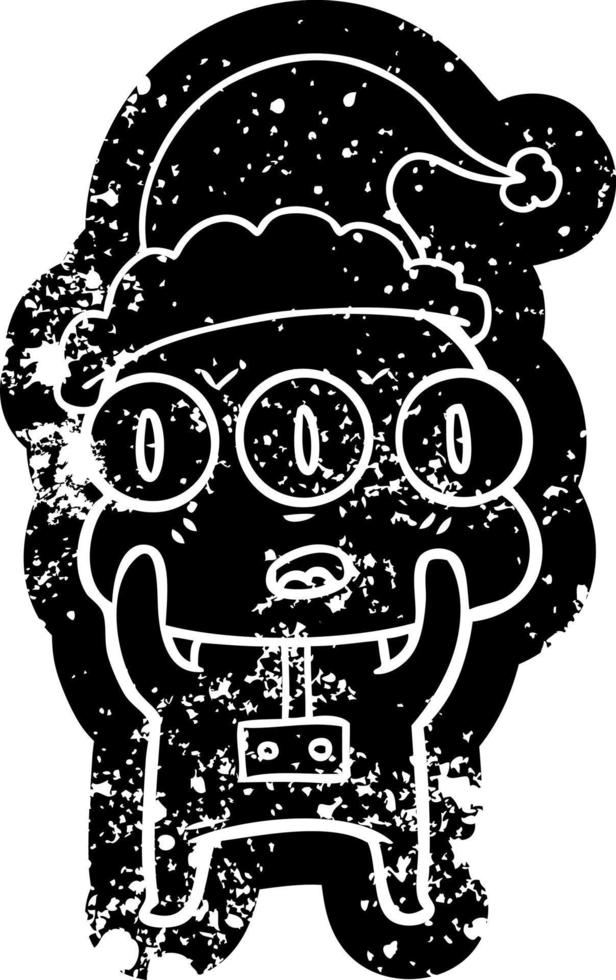 icône de dessin animé en détresse d'un extraterrestre à trois yeux portant un bonnet de noel vecteur