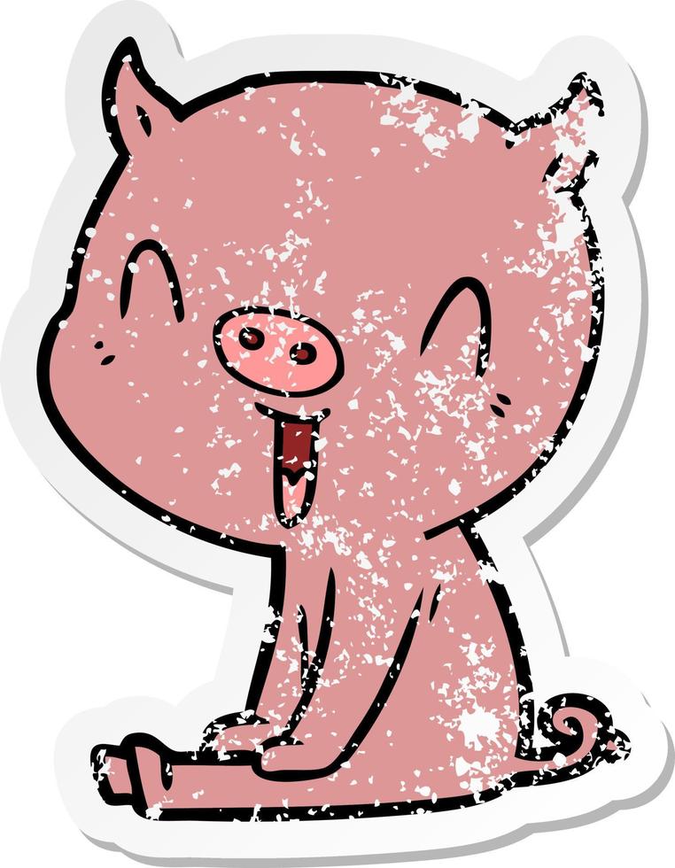 autocollant en détresse d'un cochon de dessin animé heureux assis vecteur