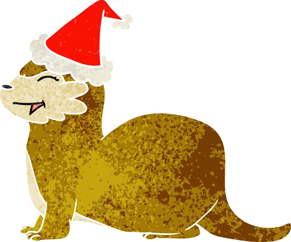 caricature rétro de loutre riante d'un bonnet de noel vecteur