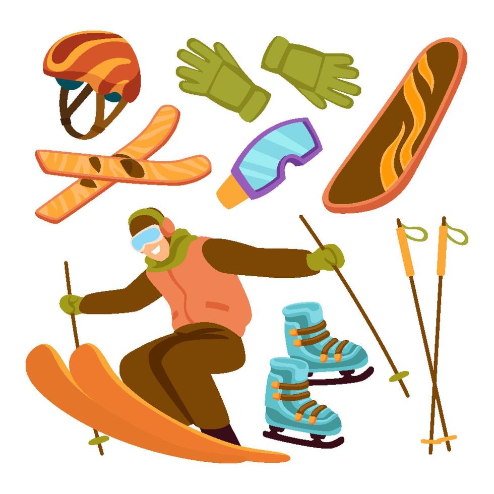 ensemble dessiné à la main d'outils ou d'équipements d'éléments d'icônes de ski, ensemble d'illustrations vectorielles avec casque de ski, gants, google, skateboard, chaussures. vecteur