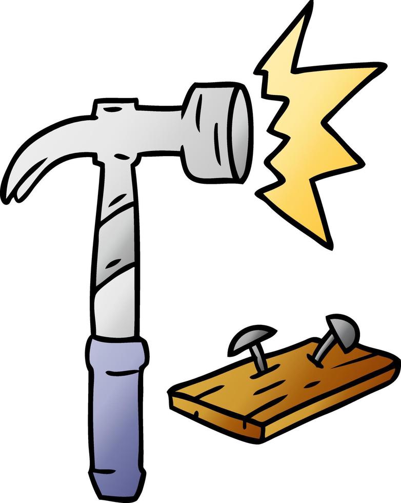 doodle de dessin animé dégradé d'un marteau et de clous vecteur