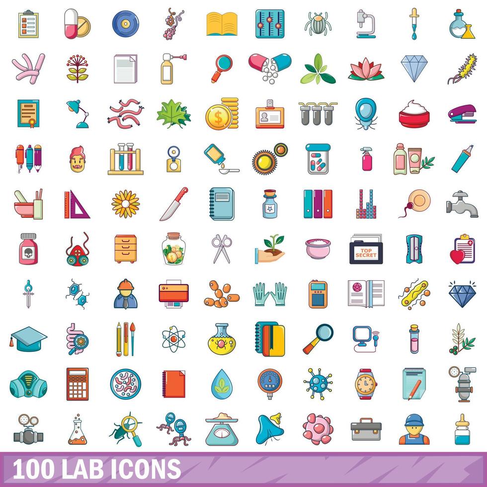 Ensemble de 100 icônes de laboratoire, style dessin animé vecteur