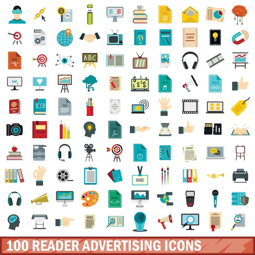 Ensemble d'icônes publicitaires de 100 lecteurs, style plat vecteur