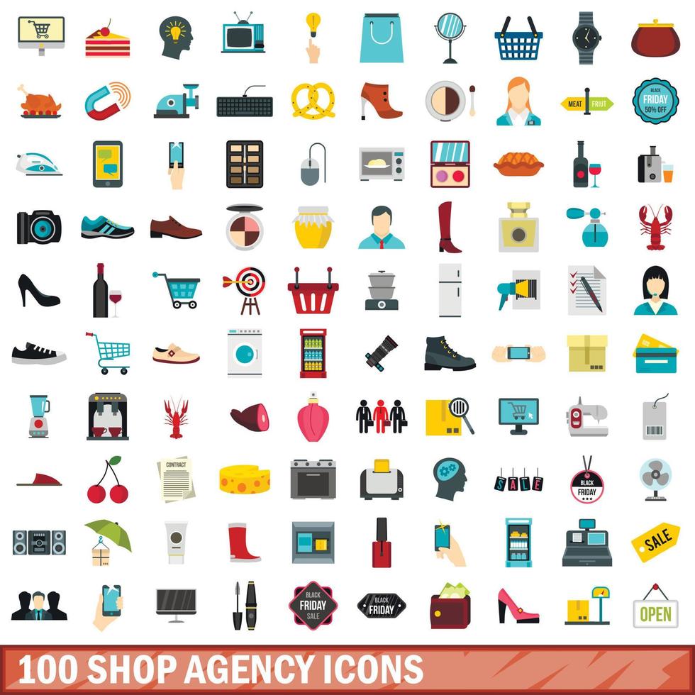 Ensemble de 100 icônes d'agence de magasin, style plat vecteur