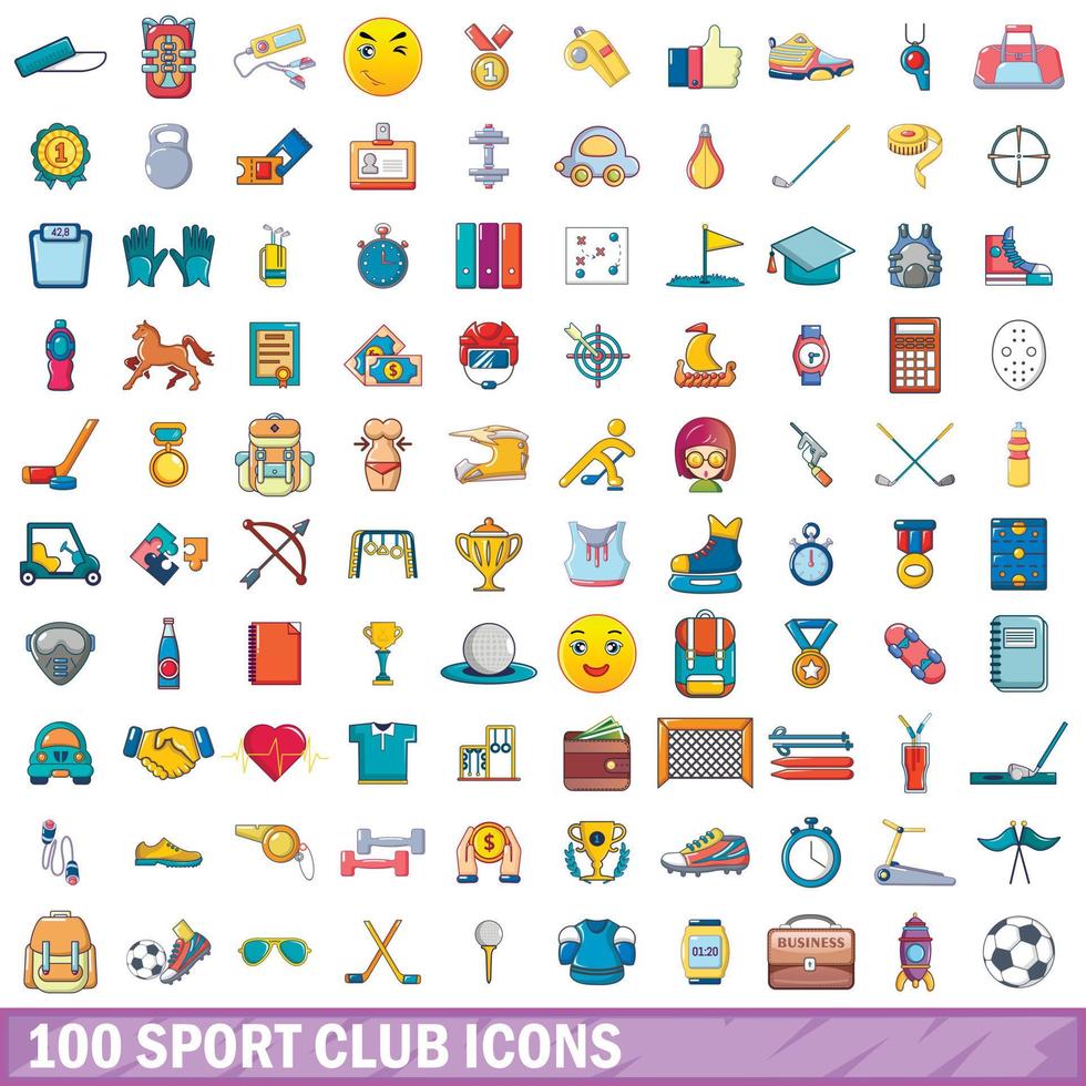 Ensemble de 100 icônes de club de sport, style cartoon vecteur