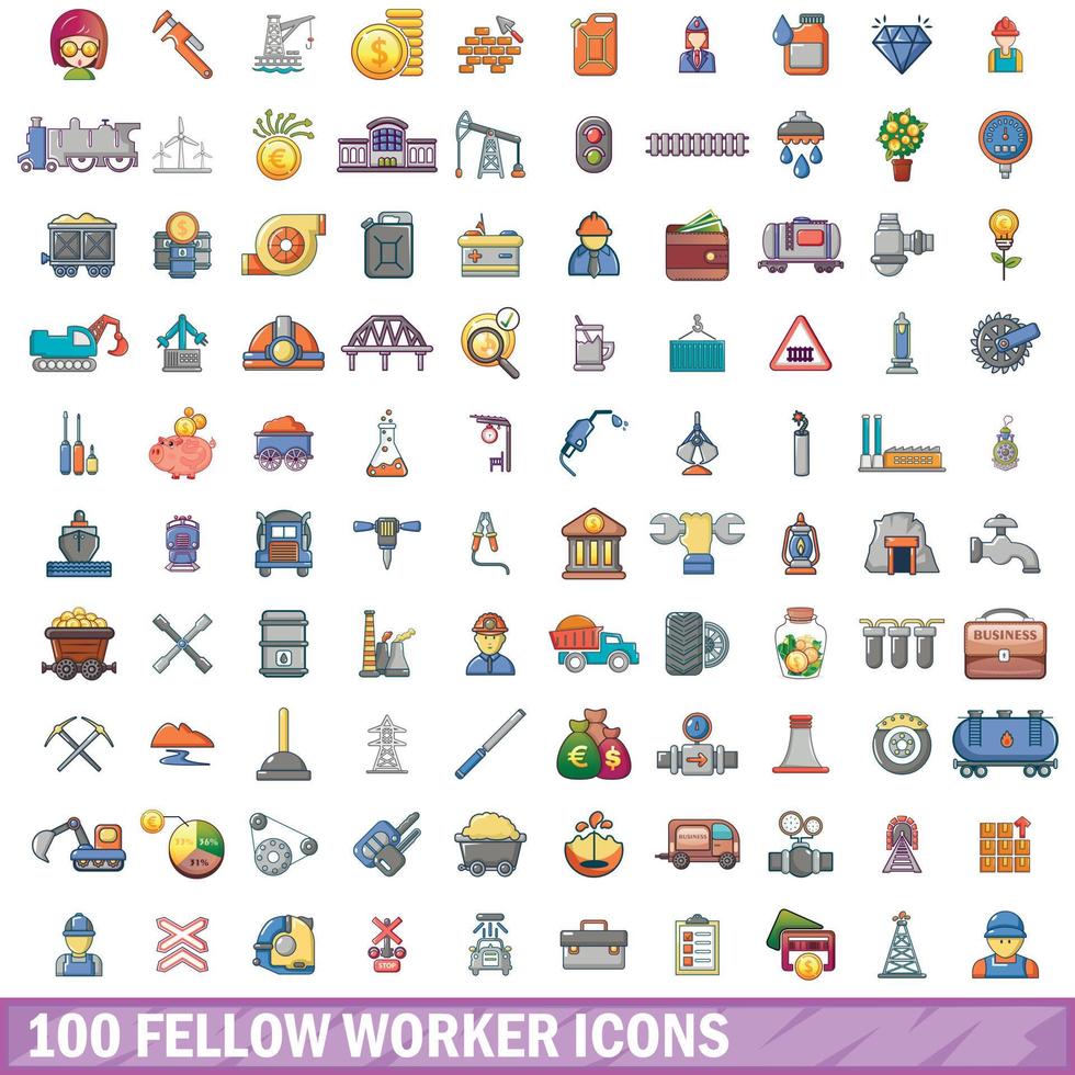 Ensemble de 100 icônes de collègue, style cartoon vecteur