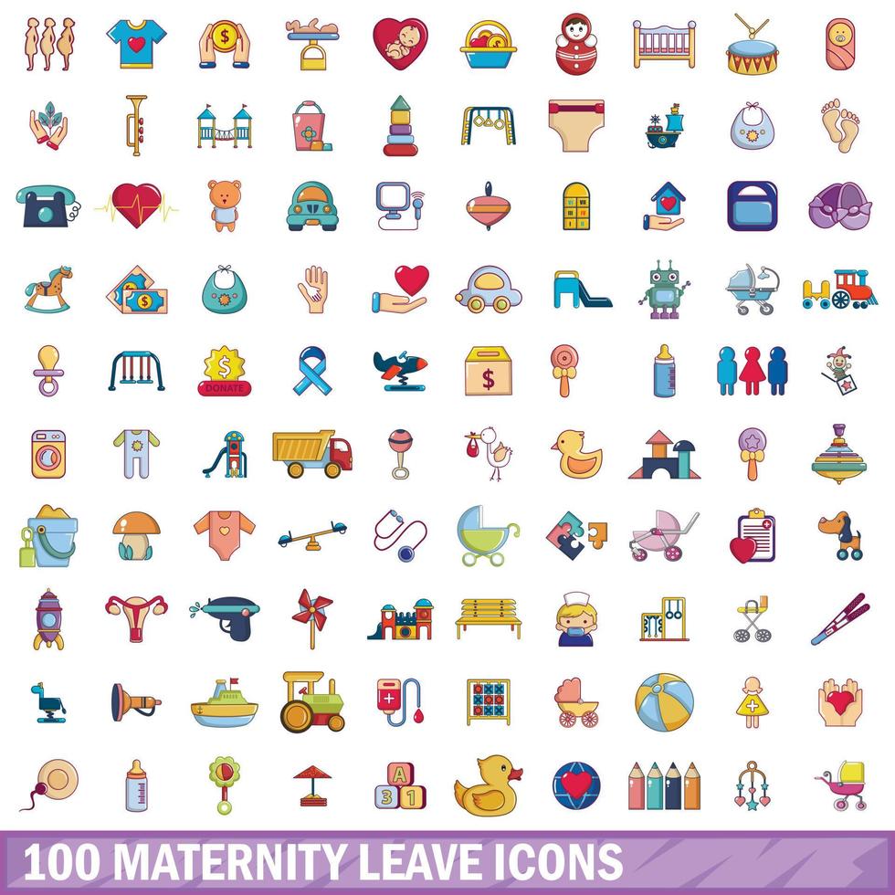 Ensemble de 100 icônes de congé de maternité, style dessin animé vecteur