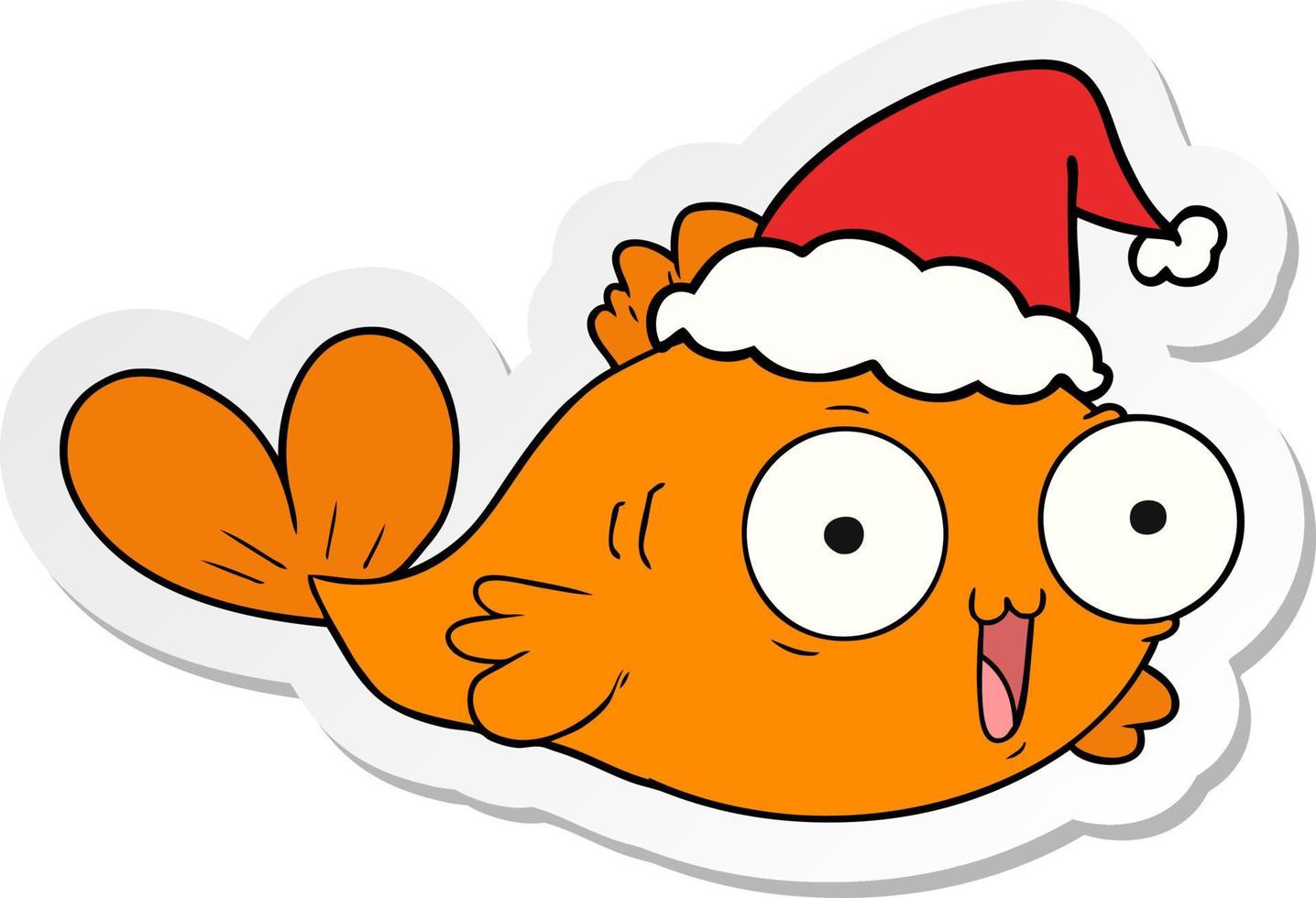 heureux, poisson rouge, autocollant, dessin animé, de, a, porter, santa chapeau vecteur