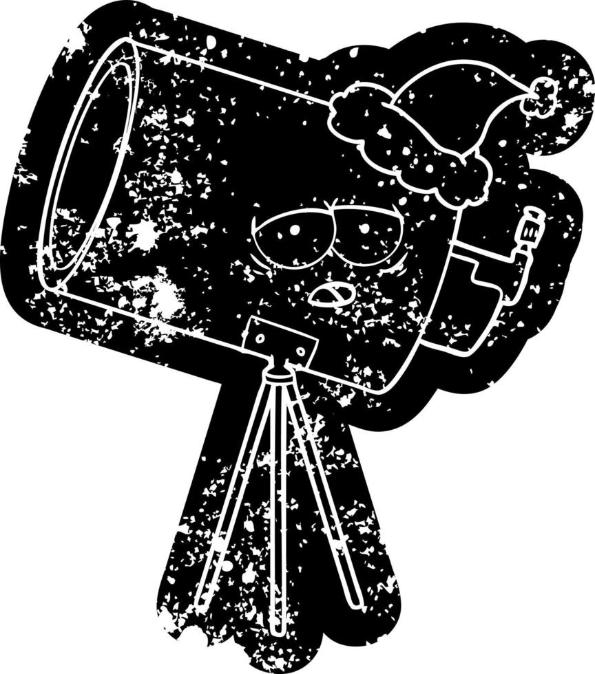 icône de dessin animé d'un télescope ennuyé avec un visage portant un bonnet de noel vecteur
