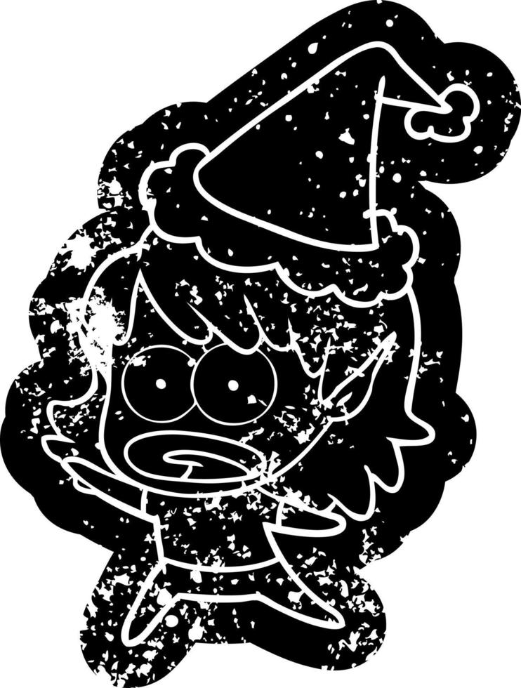 icône de dessin animé en détresse d'une fille elfe choquée portant un bonnet de noel vecteur