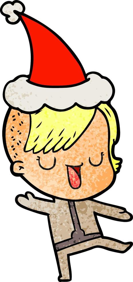 joli dessin animé texturé d'une fille avec une coupe de cheveux hipster portant un bonnet de noel vecteur