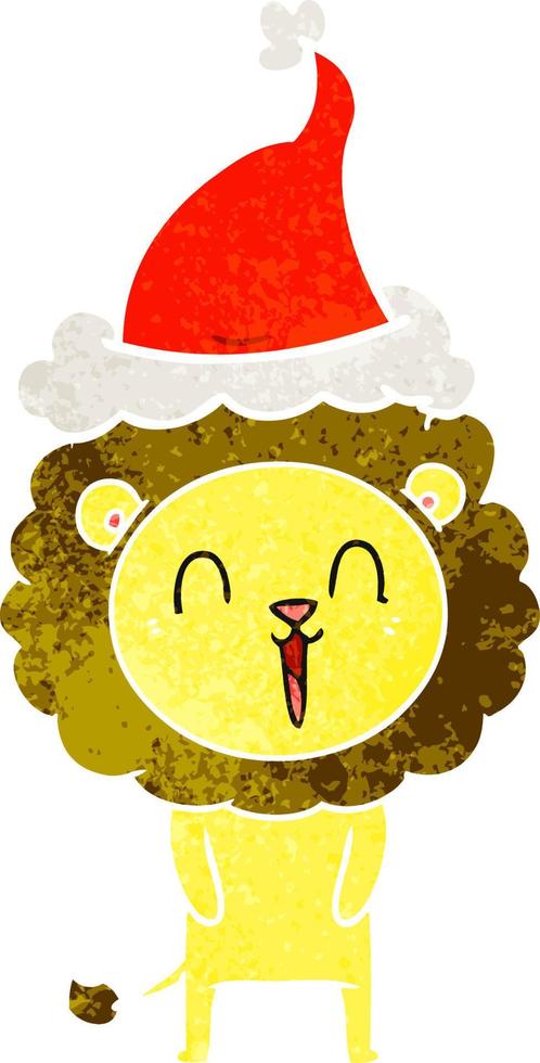 dessin animé rétro de lion qui rit d'un bonnet de noel vecteur