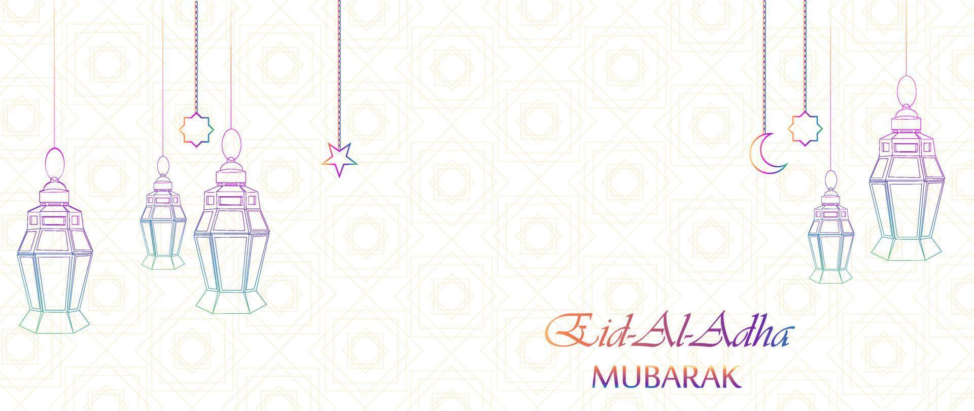 eid al adha fête traditionnelle musulmane. belle carte de voeux avec lanternes suspendues, lune et étoiles sur fond abstrait. vecteur