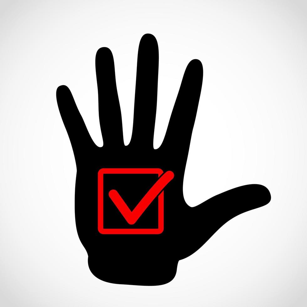 main noire et concept de vecteur d'icône de bouton de liste de contrôle. cochez la case dans l'emblème de vecteur de signe de boîte. illustration d'icône de mains de vecteur.