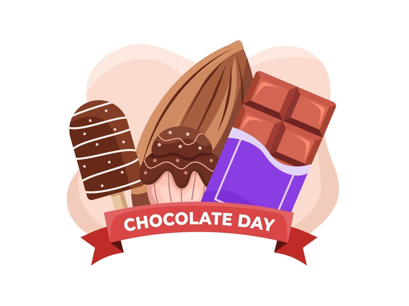 illustration de dessin animé de la journée mondiale du chocolat avec cacao, barre de chocolat, gâteau de tasse, glace au chocolat. adapté aux publications sur les réseaux sociaux, au Web, aux cartes de vœux, aux cartes postales, aux livres, etc. vecteur