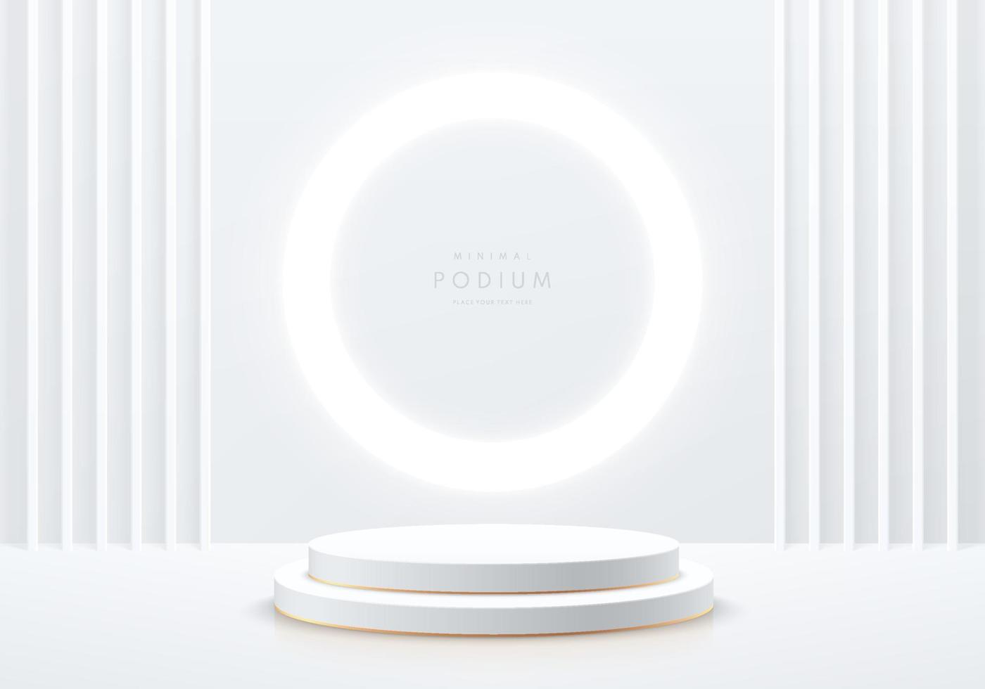 podium de piédestal de cylindre 3d blanc et doré réaliste avec fond néon cercle brillant. formes géométriques de luxe de vecteur. scène minimale abstraite pour les produits de maquette, vitrine de scène, affichage de promotion. vecteur