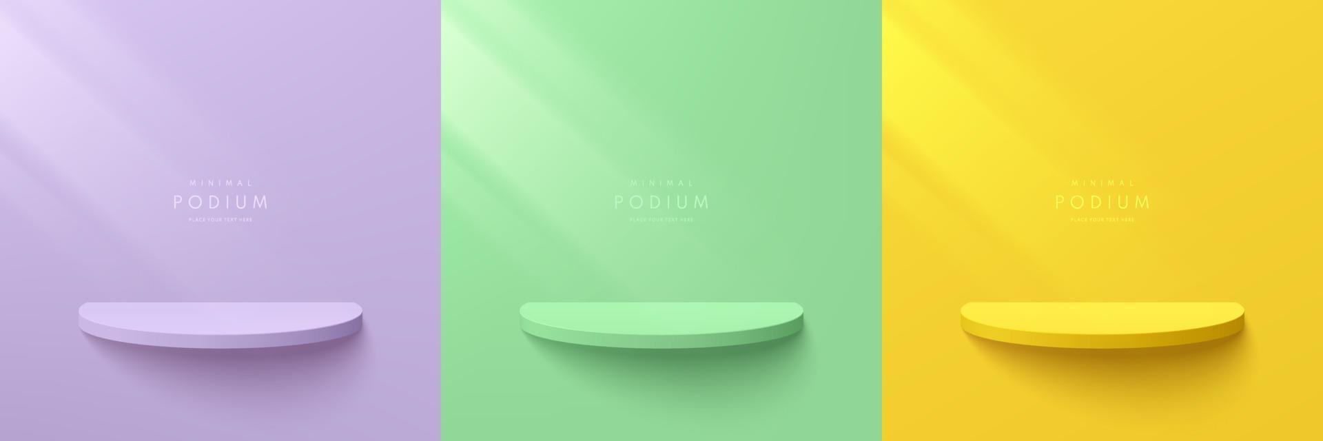 ensemble de podium rond 3d réaliste ou étagère de produit sur une scène de couleur lavande pastel jaune, vert, violet. scène minimale abstraite pour l'affichage des produits de maquette, scène pour la vitrine. formes géométriques vectorielles. vecteur