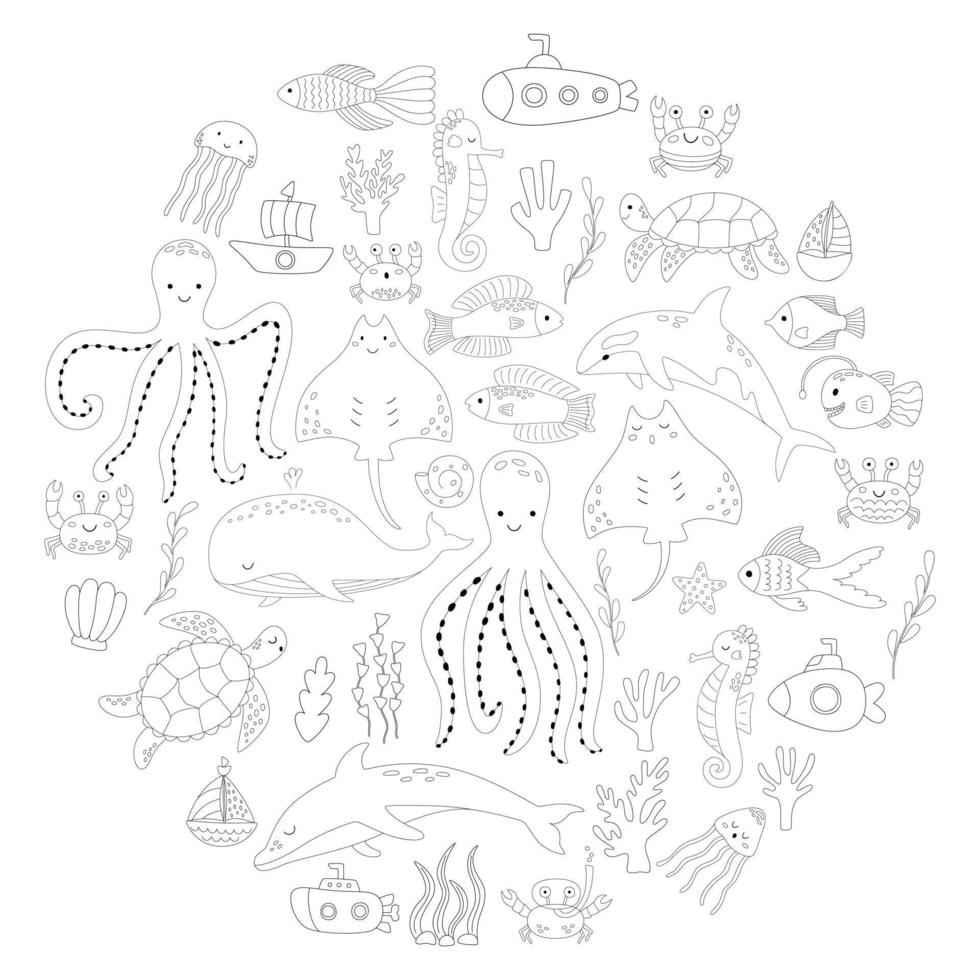 ensemble de griffonnages d'animaux et de plantes du monde sous-marin à colorier. illustration vectorielle de coraux et de bateaux. collection de poissons de mer dans les grandes lignes vecteur