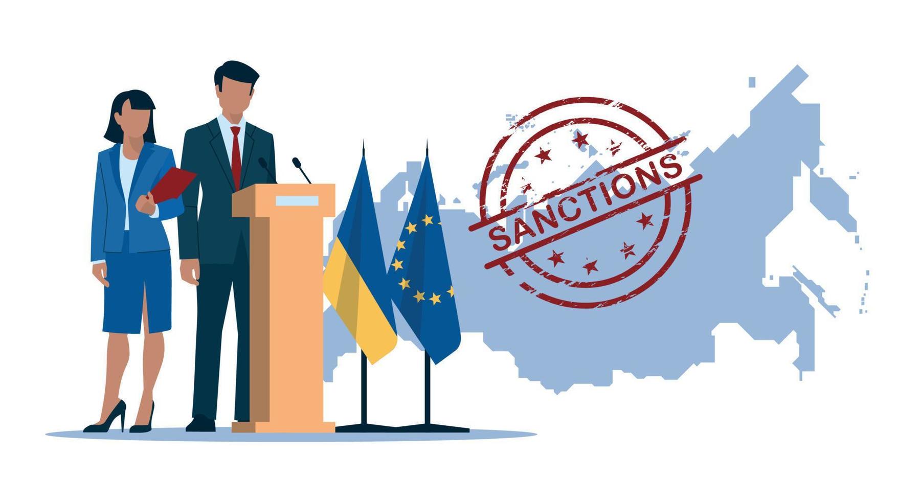 les sanctions. politique. hommes d'affaires. homme et femme en costume d'affaires, politiciens, hommes d'affaires, présentateurs. carte de la russie avec timbre de sanctions. drapeau de l'ukraine et de l'union européenne. image vectorielle. vecteur