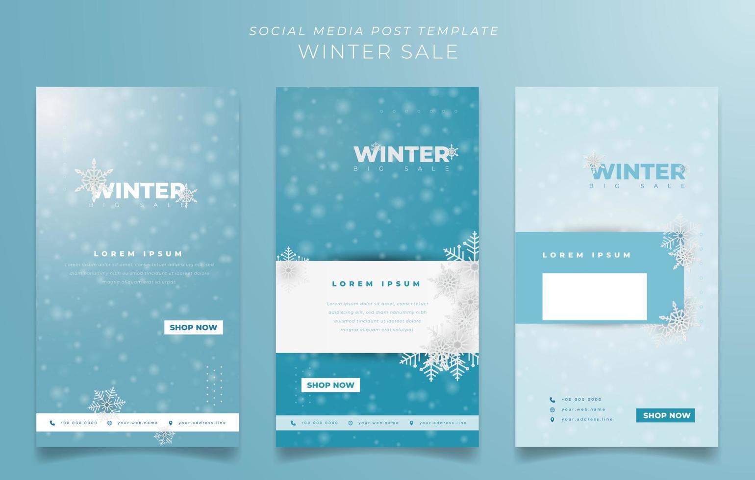 ensemble de modèles de publication sur les médias sociaux pour la conception des soldes d'hiver avec un fond blanc et bleu vecteur