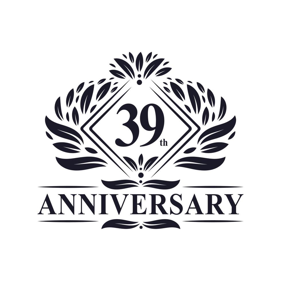 Logo anniversaire 39 ans, logo floral de luxe 39e anniversaire. vecteur