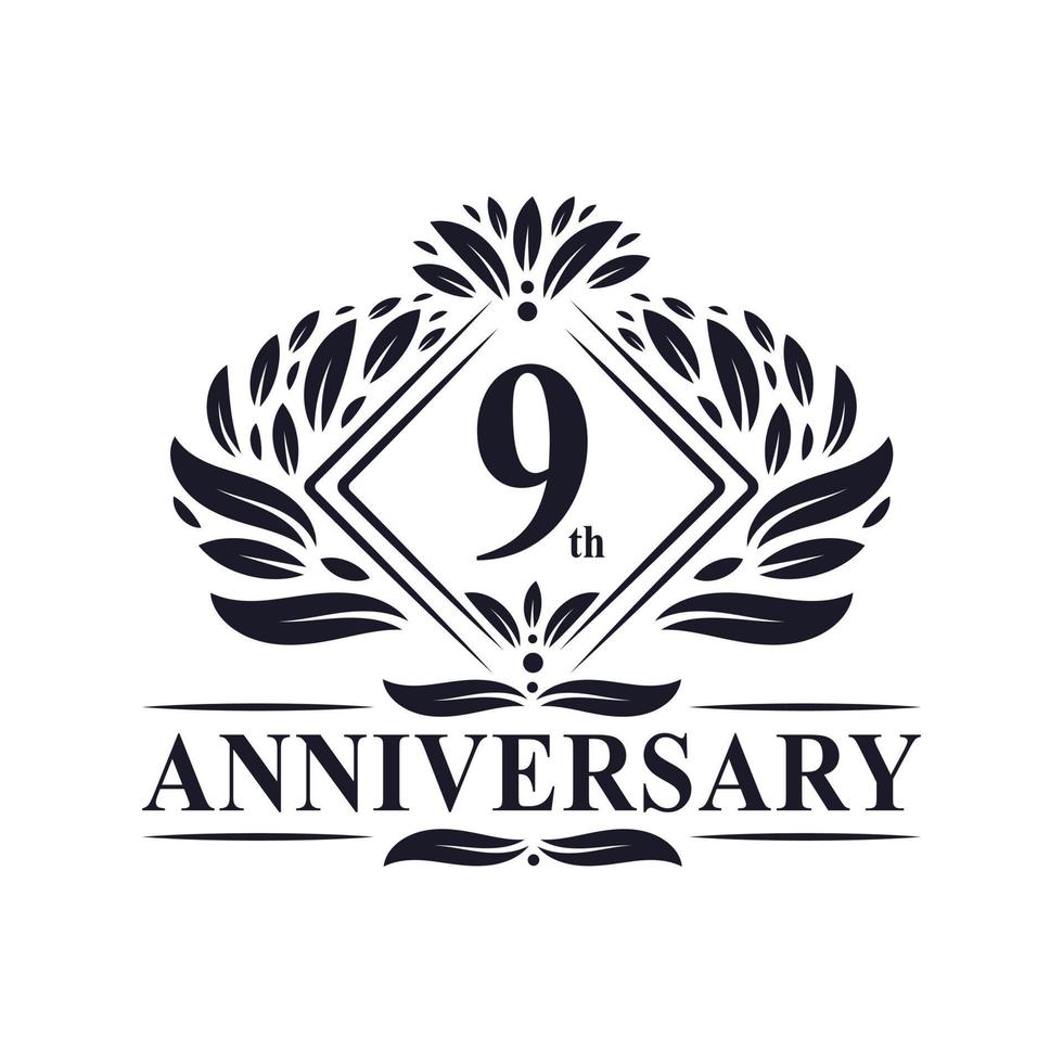 Logo anniversaire 9 ans, logo floral de luxe 9e anniversaire. vecteur