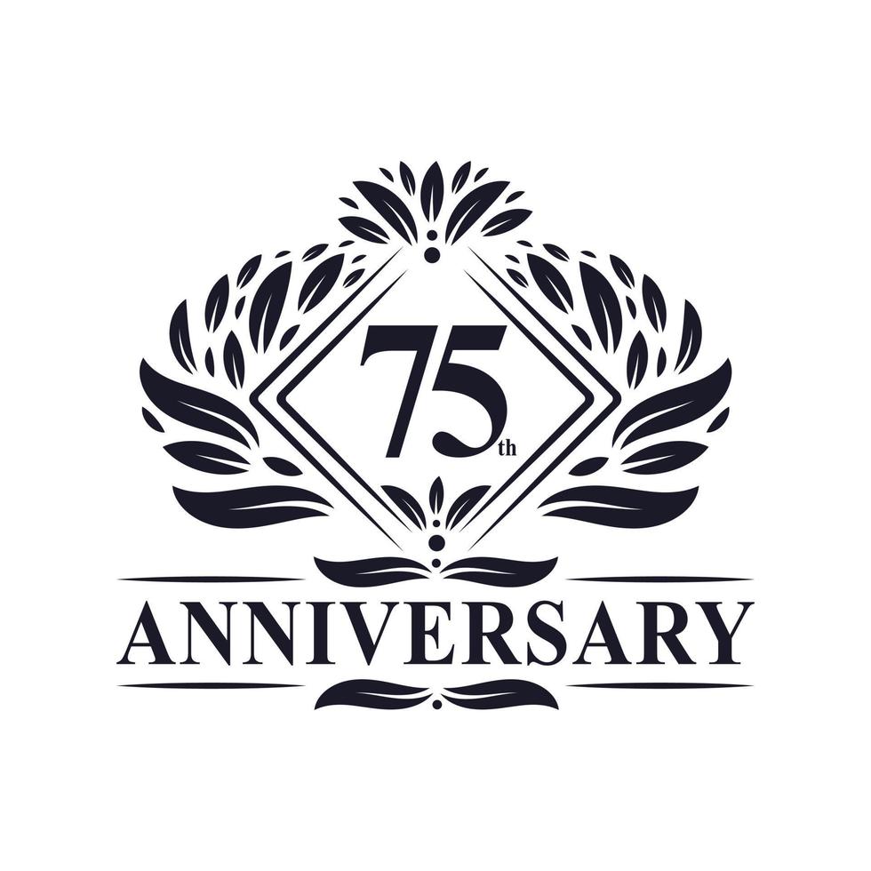 Logo anniversaire 75 ans, logo floral de luxe 75e anniversaire. vecteur