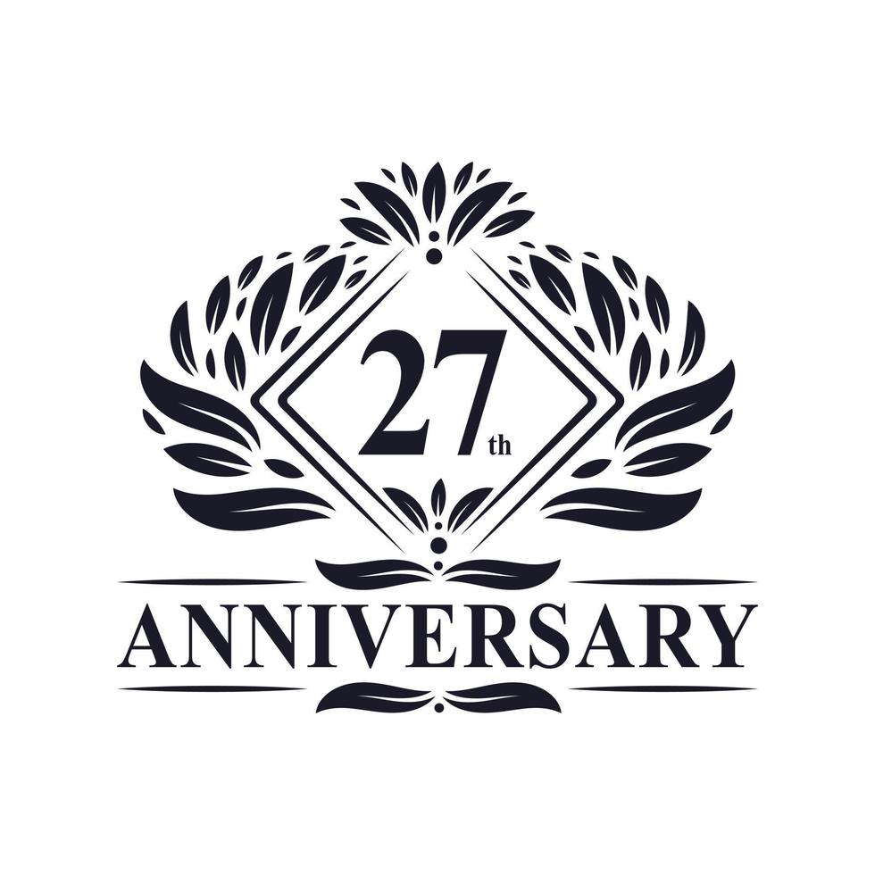 Logo anniversaire 27 ans, logo floral de luxe 27e anniversaire. vecteur