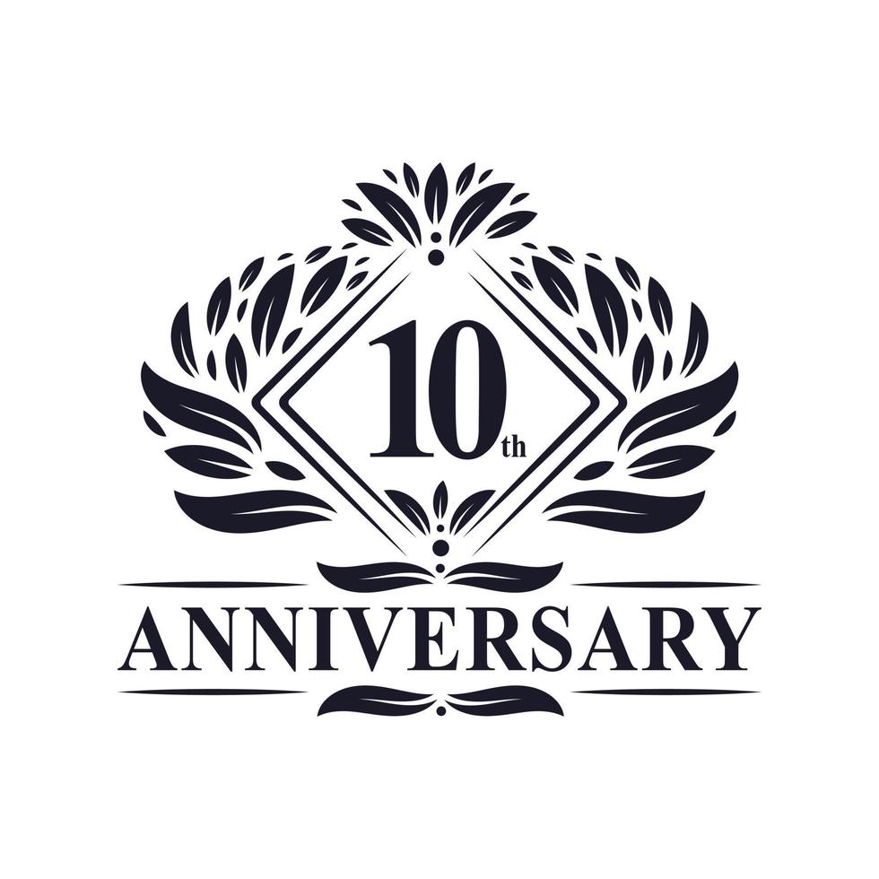 Logo anniversaire 10 ans, logo floral de luxe 10e anniversaire. vecteur