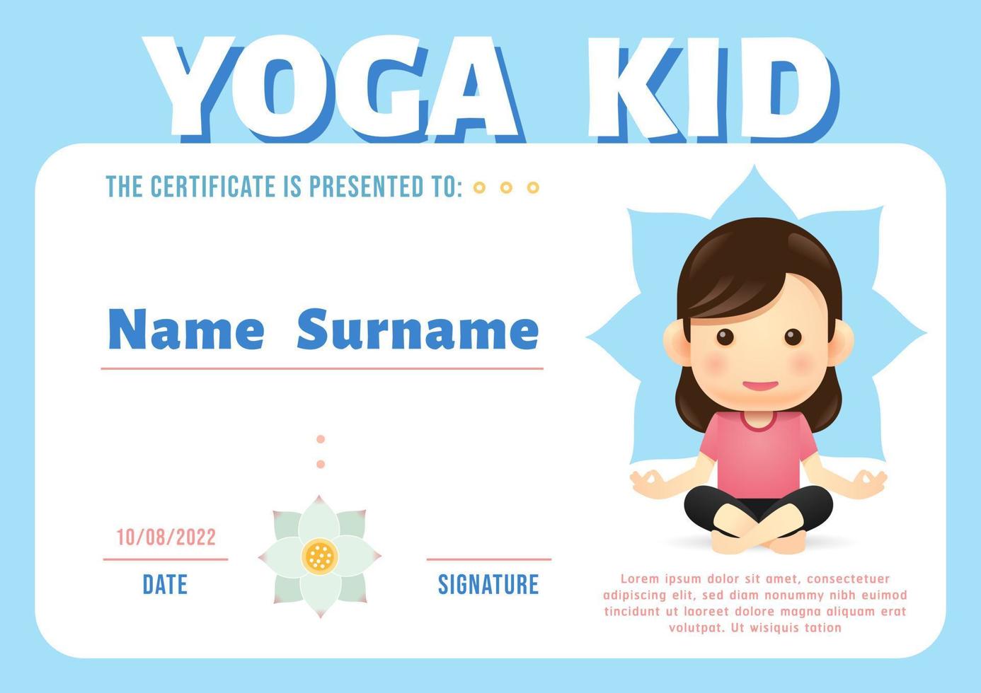 certificat diplôme de yoga pour enfants, vecteur de modèle de jardin d'enfants.