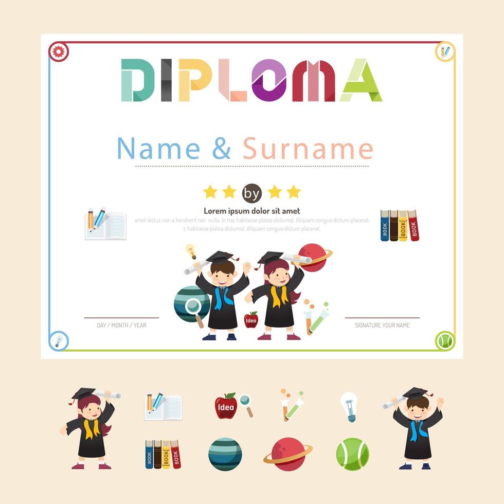 certificat diplôme pour enfants, vecteur de conception de cadre de fond de mise en page de modèle de jardin d'enfants. éducation préscolaire concept style art plat