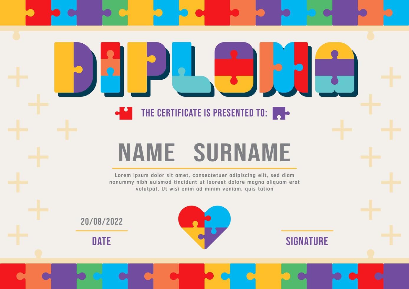 certificat diplôme de jisaw pour enfants, vecteur de jeu de puzzle de mise en page de modèle de jardin d'enfants.