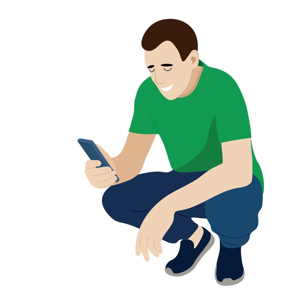 portrait d'un gars qui s'accroupit avec un téléphone à la main, vecteur isolé sur fond blanc, le gars regarde le smartphone