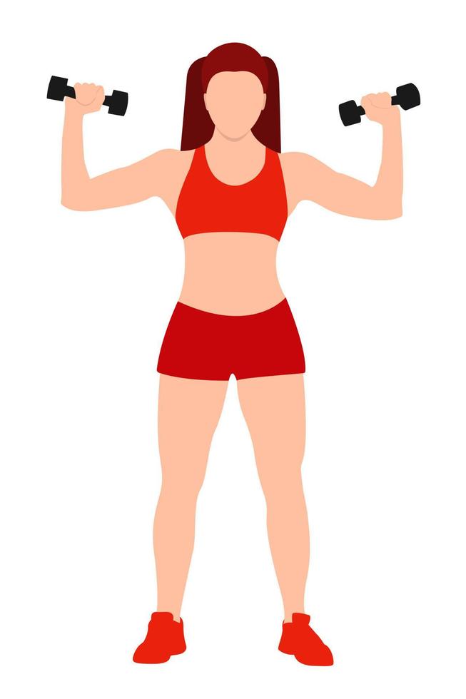 belle fille athlétique dans un survêtement rouge avec des haltères dans ses mains sur fond blanc. remise en forme, sport. illustration vectorielle vecteur