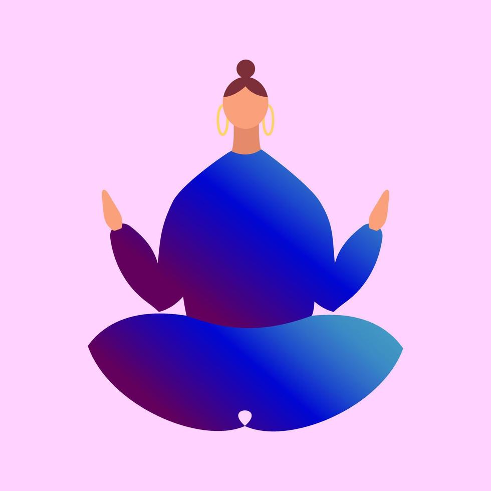 une femme en vêtements bleus assis dans une pose de lotus. le personnage de dessin animé fait du yoga. concept d'équilibre, mode de vie sain, sports, harmonie vecteur