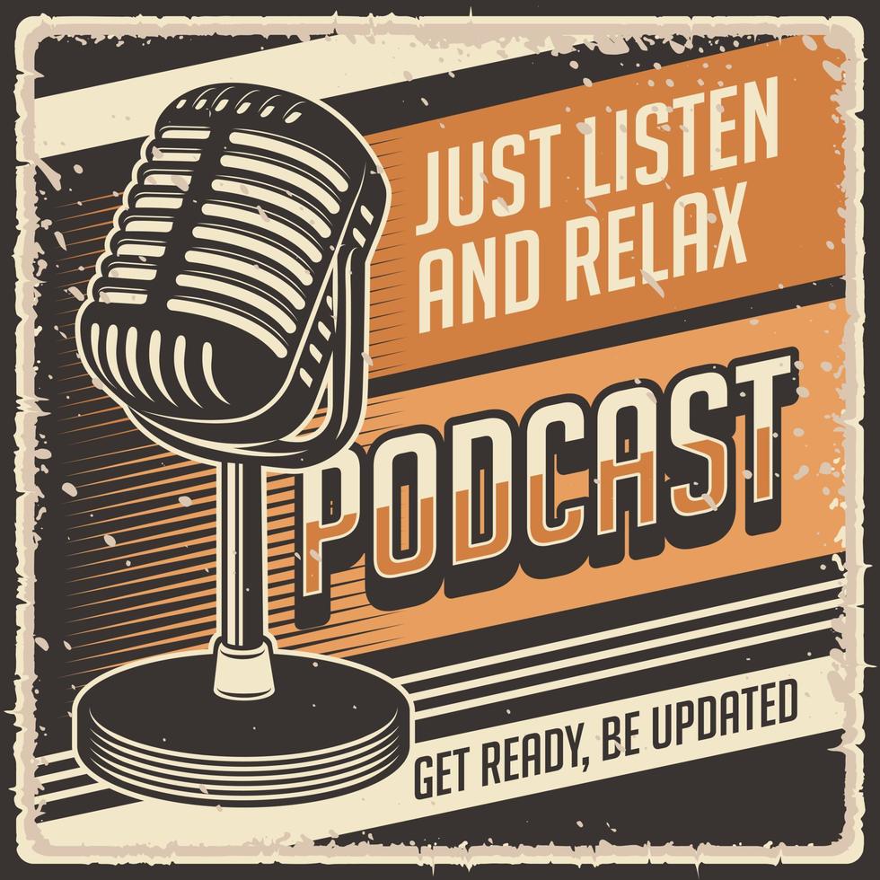 affiche de citation de podcast rustique vintage rétro avec illustration de microphone vecteur