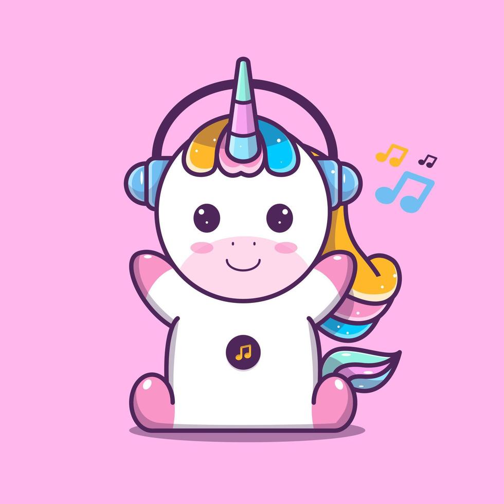 Licorne mignonne écoutant de la musique avec un casque sur l'oreille, vecteur eps 10