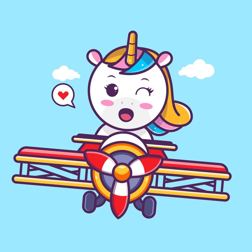 Licorne mignonne conduisant un avion rouge sur un nuage, vecteur eps 10