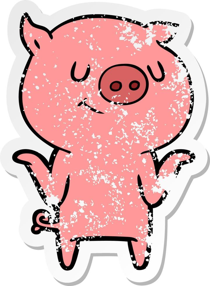 autocollant en détresse d'un cochon de dessin animé heureux vecteur