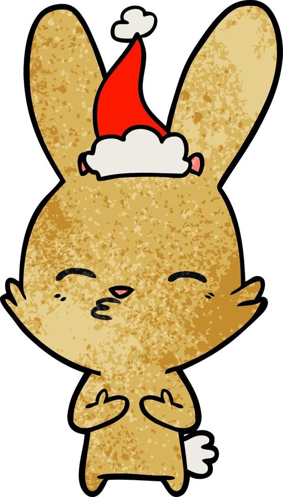 dessin animé texturé de lapin curieux d'un bonnet de noel vecteur