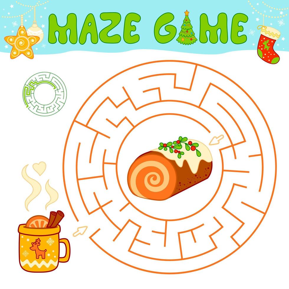 jeu de puzzle de labyrinthe de noël pour les enfants. labyrinthe circulaire ou jeu de labyrinthe avec gâteau de noël. vecteur