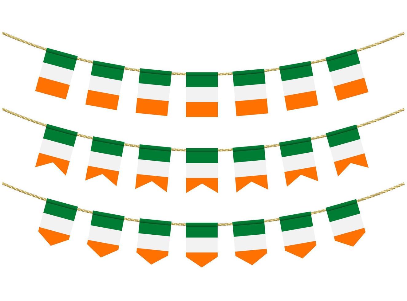 drapeau irlandais sur les cordes sur fond blanc. ensemble de drapeaux banderoles patriotiques. banderoles décoration du drapeau de l'irlande vecteur