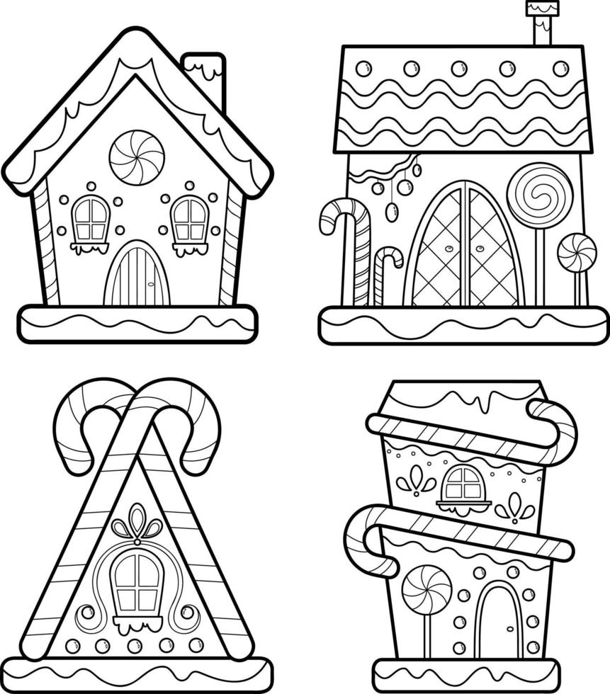 livre ou page de coloriage de noël. maison en pain d'épice noir et blanc set vector