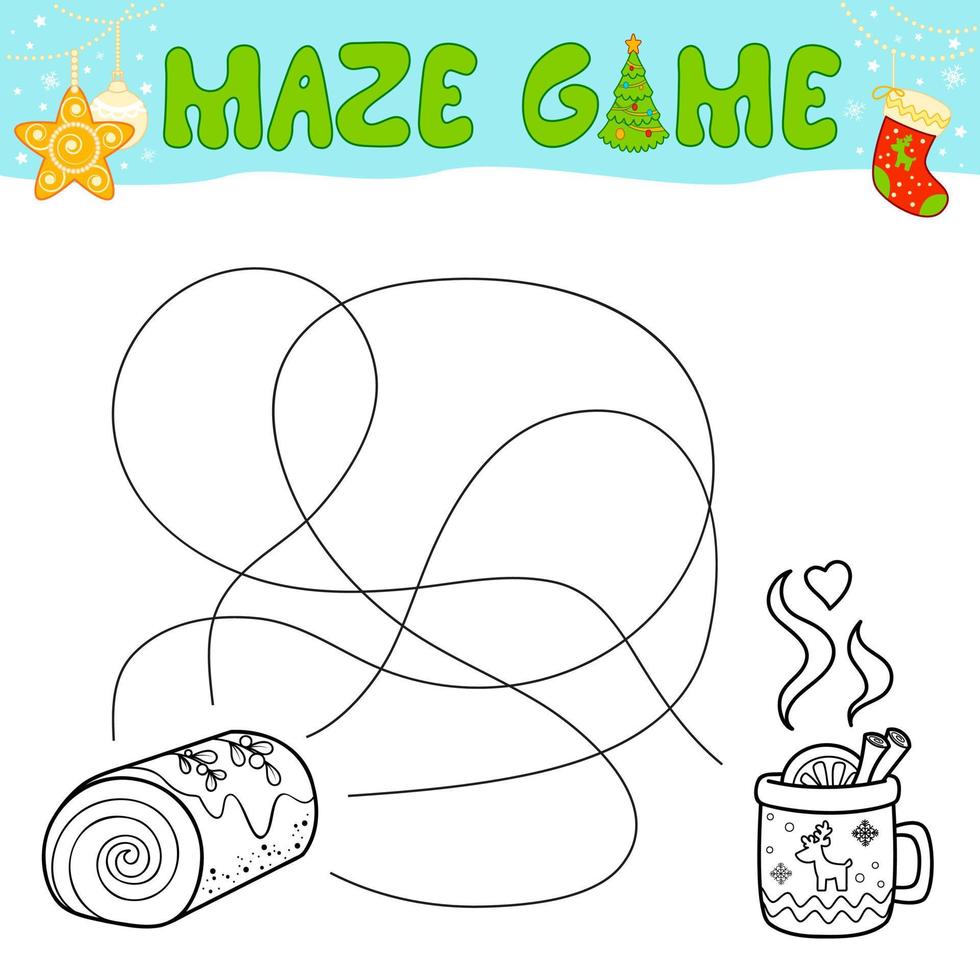jeu de puzzle de labyrinthe de noël pour les enfants. contour labyrinthe ou labyrinthe. trouver un jeu de chemin avec un gâteau de noël. vecteur
