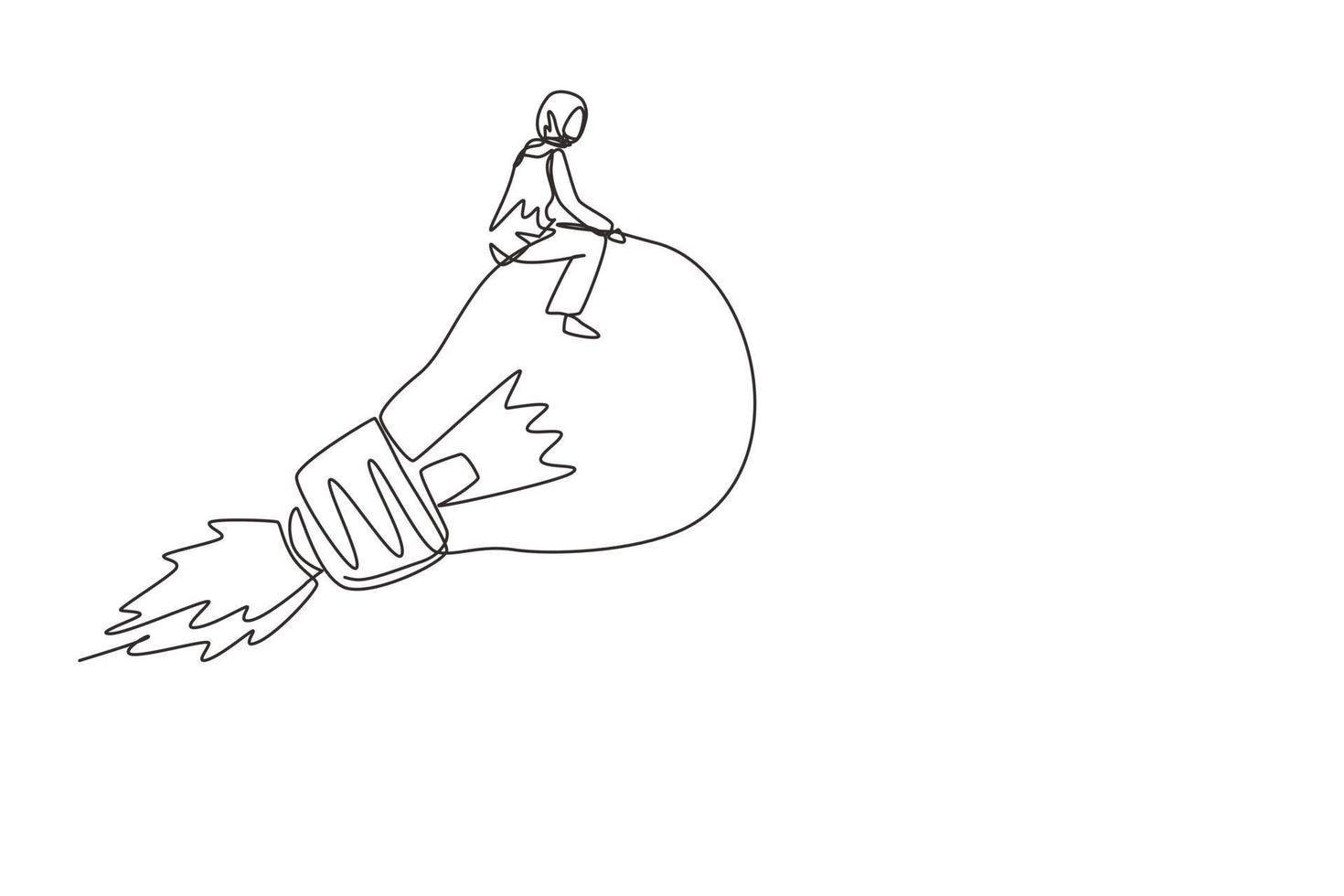 dessin en ligne continue unique jolie femme d'affaires arabe à cheval volant lampe ampoule lumineuse avec fusée. entreprise de démarrage d'innovation pour atteindre l'objectif de réussite. une ligne dessiner illustration vectorielle de conception vecteur