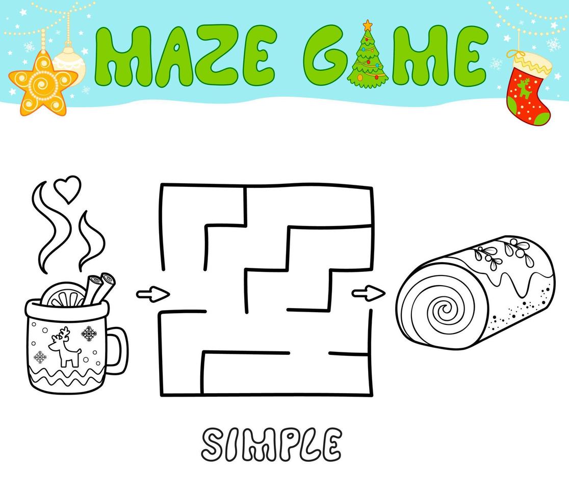 jeu de puzzle de labyrinthe de noël pour les enfants. labyrinthe de contour simple ou jeu de labyrinthe avec gâteau de noël. vecteur