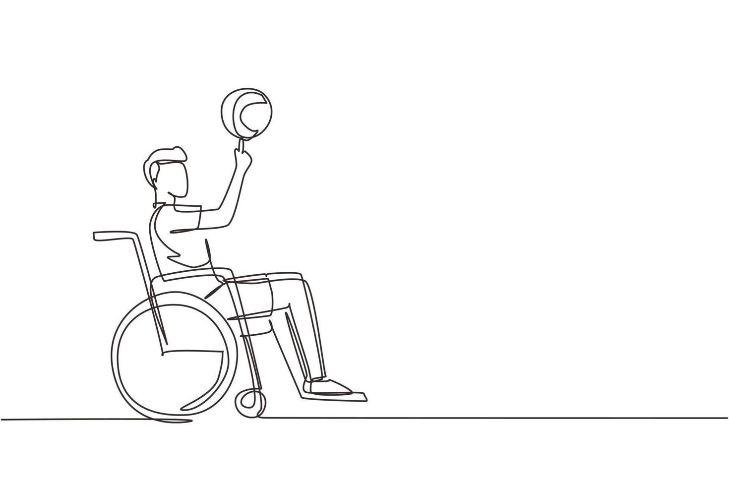 une seule ligne continue dessinant un jeune homme en fauteuil roulant joue au basket-ball. personne handicapée fait tourner le basket-ball sur son doigt. exercice pour les personnes handicapées. une ligne dessiner illustration vectorielle de conception vecteur