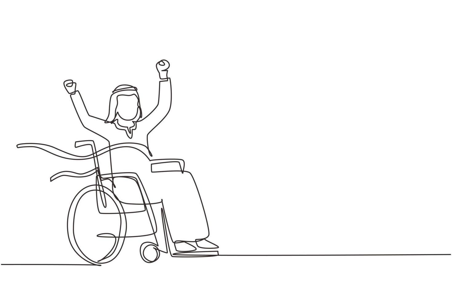 dessin continu d'une ligne arabe jeune homme en fauteuil roulant traversant la ligne d'arrivée rouge. heureux gagnant, champion couronné de succès. société, communauté des personnes handicapées. illustration vectorielle de dessin à une seule ligne vecteur