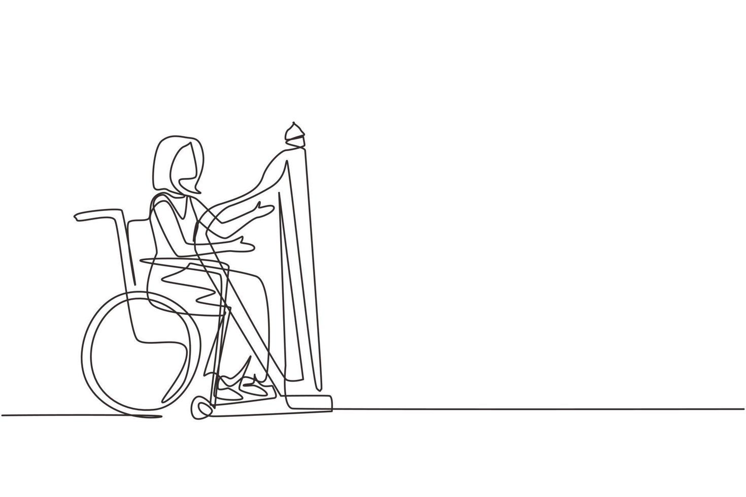 une seule ligne dessinant une femme élégante assise en fauteuil roulant joue de la harpe en concert. handicap et musique classique. handicapé. centre de réhabilitation. vecteur de conception de dessin en ligne continue