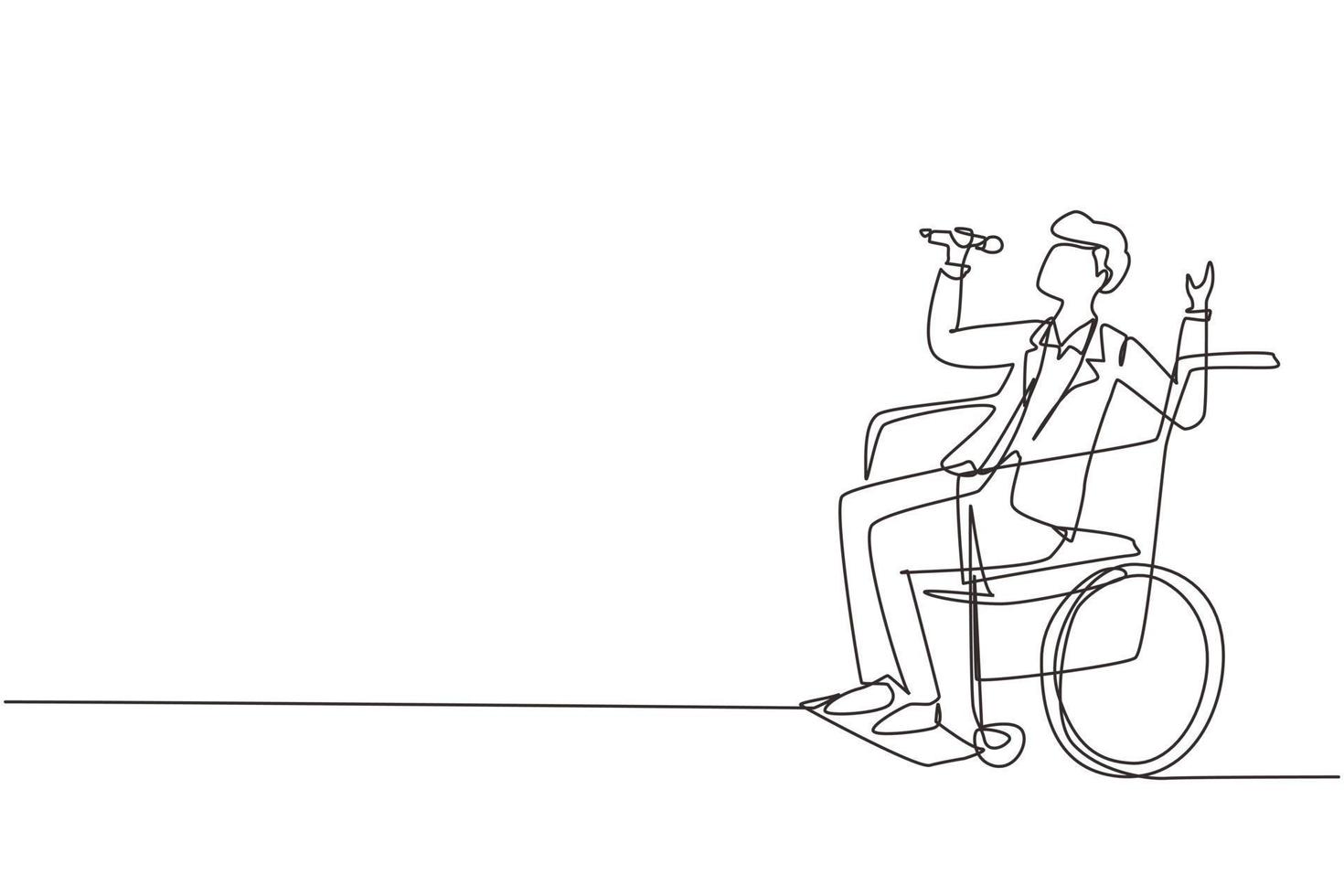 une seule ligne continue dessinant une personne handicapée profitant de la vie. bel homme assis en fauteuil roulant chantant au bar karaoké. passer du temps dans un lieu de loisirs. une ligne dessiner illustration vectorielle de conception vecteur